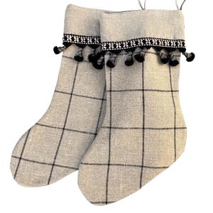 Linen Christmas Stockings Pair, Farmhouse Plaid with Black Tassels, Set of Two