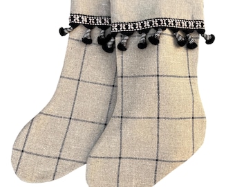 Linen Christmas stocking, farmhouse style plaid linen with tassels, cottage vibe decor
