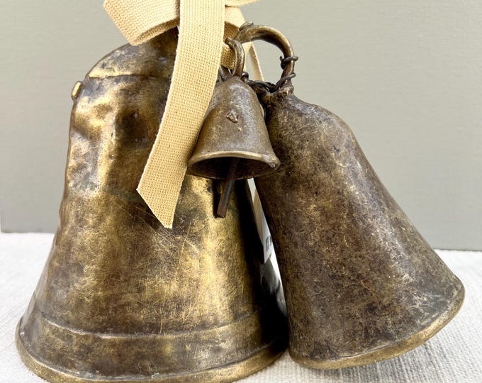 Vintage Brass Bell Trio, African Hand Made Cow and Goat Bells, Holiday decor