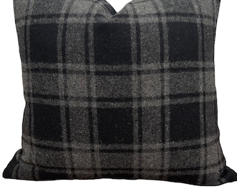 Wool Plaid pillow cover black-gray, Farmhouse - Cottage style check pillow- Cabin pillow- Mens bedroom pillow