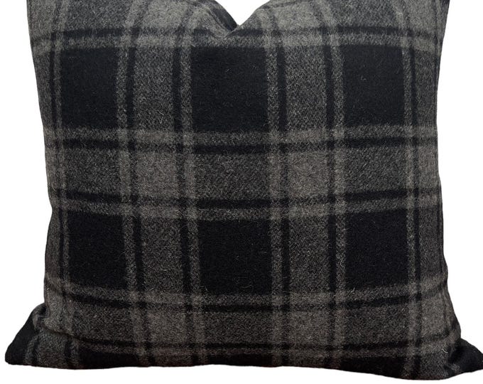 Wool Plaid pillow cover black-gray, Farmhouse - Cottage style check pillow- Cabin pillow- Mens bedroom pillow