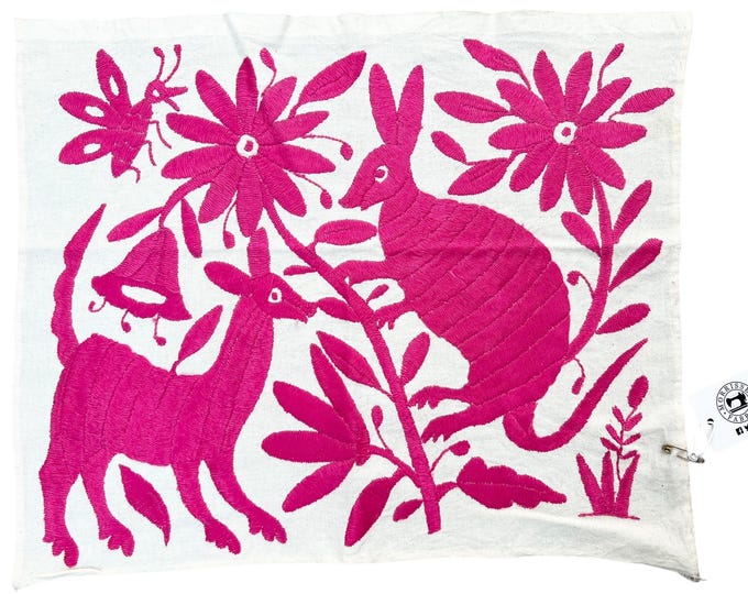 Vibrant Pink Embroidered Wall Hanging - Folk Art Home Decor with Animals and Flowers, artful home