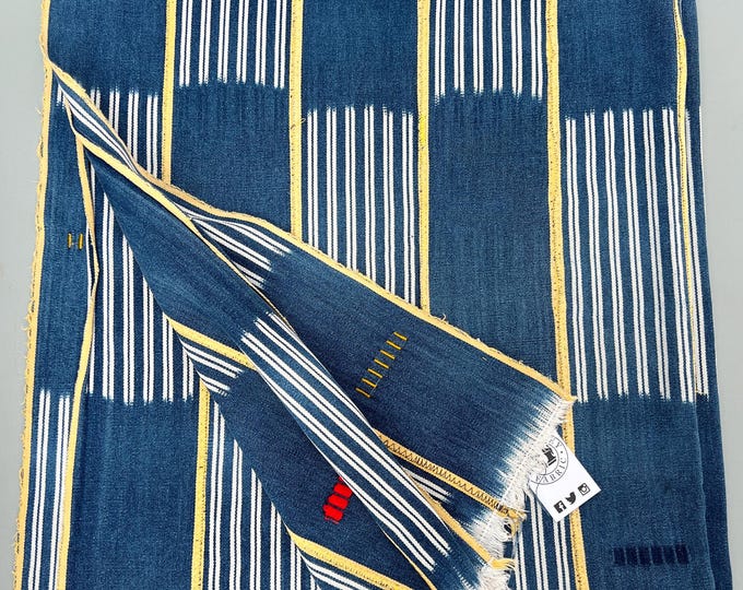 Vintage African Baule Cloth Throw: Indigo Blue Ikat Cotton, Coastal Boho