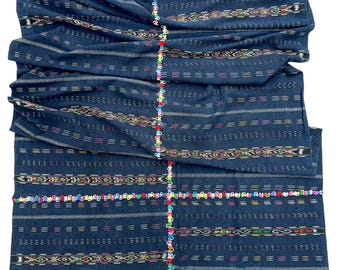 Embroidered Guatemalan Fabric, hand embroidery on  dark blue cotton, Guatemalan Corte Cloth, Navy blue with rainbow stripes, colorful fabric