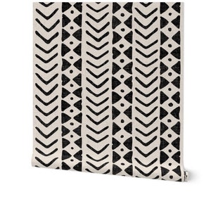 Block print traditional un-pasted pebble wallpaper, mud cloth wall art black and white ethnic style image 1