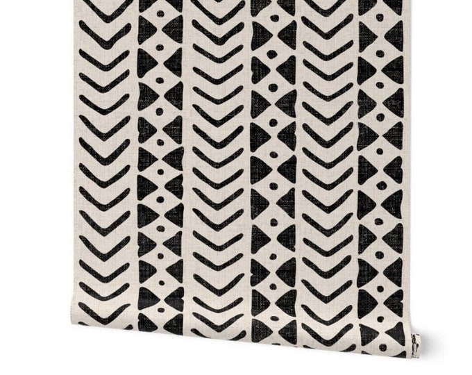 Block print traditional un-pasted pebble wallpaper, mud cloth wall art black and white ethnic style