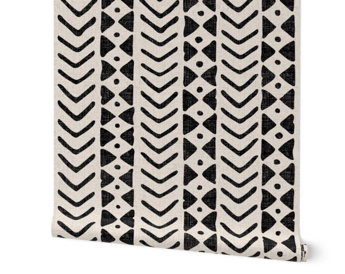African Block print wallpaper black and white, traditional un-pasted pebble wallpaper, African mud cloth wall art