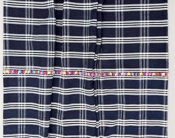 Vintage Guatemalan Fabric, hand embroidery on navy blue plaid, Guatemalan Corte Cloth,Geometric embroidery, Navy blue plaid, rainbow color