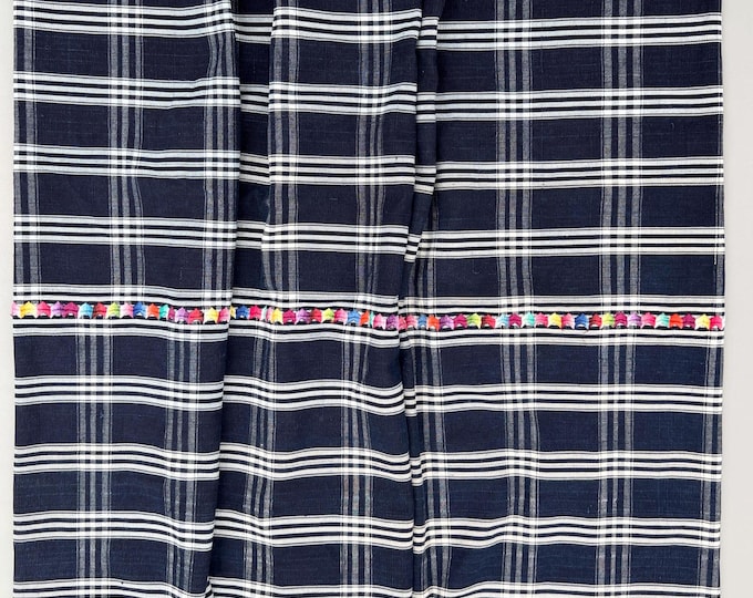 Vintage Guatemalan Fabric, hand embroidery on navy blue plaid, Guatemalan Corte Cloth,Geometric embroidery, Navy blue plaid, rainbow color