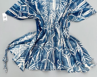 Vintage Poncho, Hand dyed mud cloth, blue swimsuit coverup, Boho beach cover up, shibori arrows, denim blue and white poncho