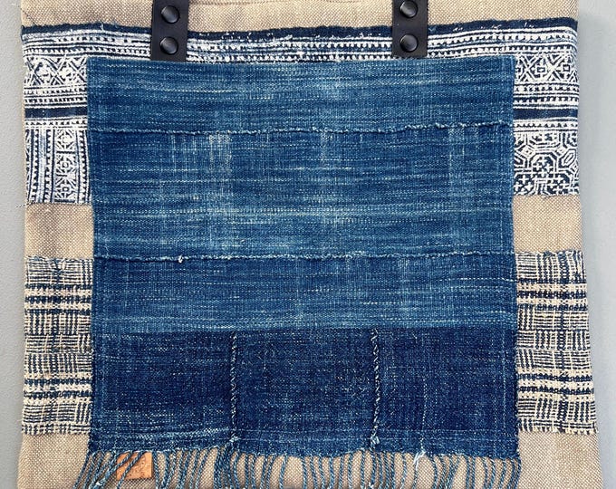 Patchwork Jeans Tote- blue jean shopping bag, boho patchwork purse, vintage African mud cloth- denim jeans book bag