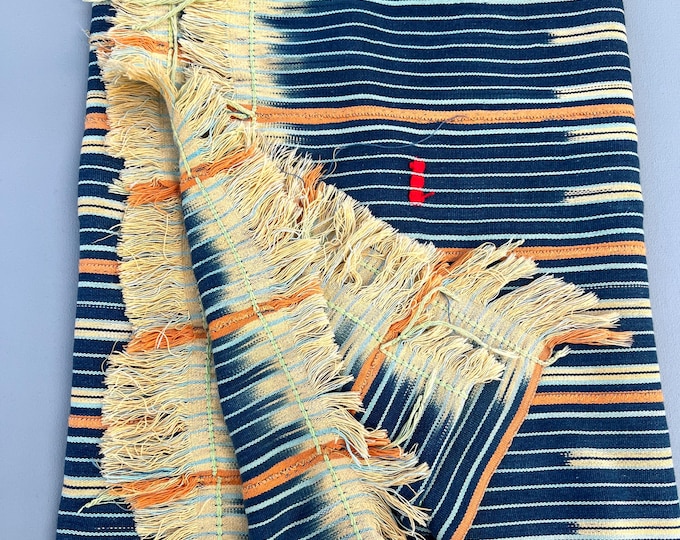 Orange and blue throw, Vintage African Baule Cloth fabric, Boho Home Decor fabric, blue and orange home decor
