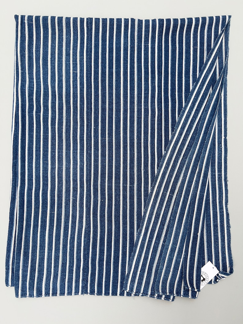 Mud Cloth striped throw, Vintage African Indigo mudcloth fabric, blue and white stripes image 5