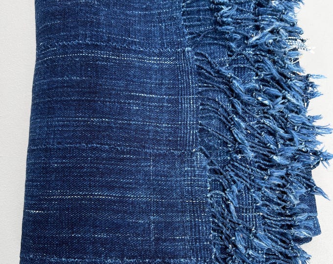 Dark blue jean throw blanket, Denim bed throw- distressed jeans blanket with fringe, recycled denim mud cloth, indigo Mossi, Classic African