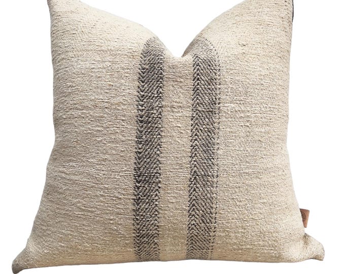 Linen pillow cover- vintage grain sack- Gray stripe pillow- Neutral striped accent cushion- New Farmhouse home decor- Rustic striped pillow