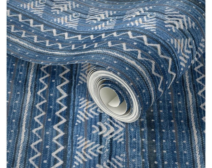 Denim home decor wallpaper, mud cloth boho wallpaper, traditional un-pasted pebble wallpaper, blue and white ethnic style