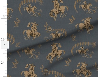 Western Bucking Broncos and Cowboys on Denim Fabric, for durable apparel and upholstery.