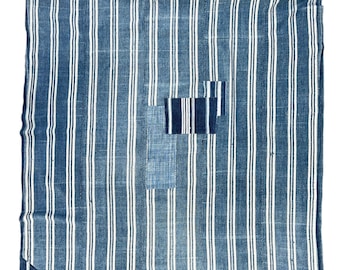 Denim blue throw blanket with patches, Parchwork jean striped fabric, African mud cloth, Recycled blue and white stripe cotton