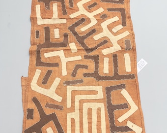 Vintage Kuba Cloth African Tapestry, Terra Cotta Orange Abstract Appliqués, 12ft Wall Art