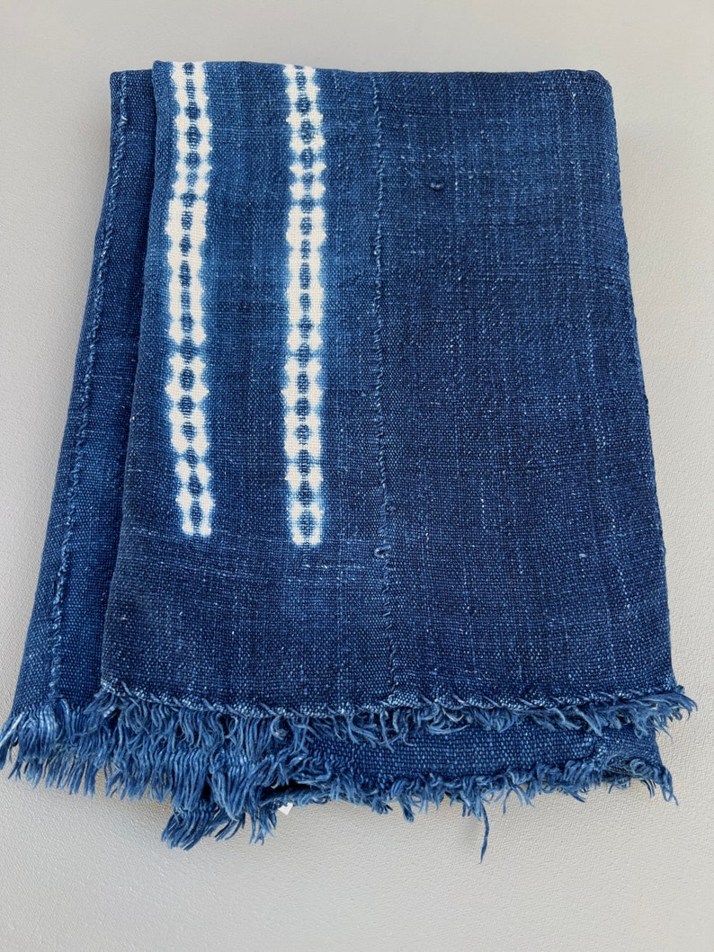 Décoration bohème, jeté en tissu boue, rayures bleues et blanches teints en cravate, textile africain vintage indigo foncé image 6