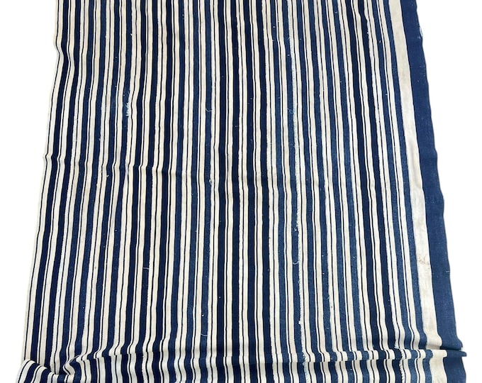 Striped mud cloth fabric, indigo mud cloth, Vintage African textile, blue and soft white stripe, Vintage fabric with stripes, blue and white
