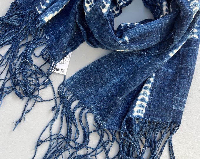African Mud Cloth textile scarf with fringe. Vintage blue and white wrap with hand made details. Unisex scarf