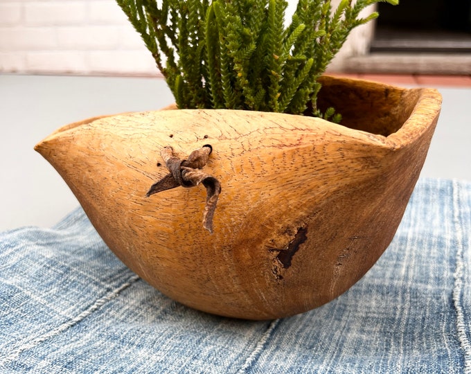 Vintage African hand carved Bowl, Wooden Water bucket, Farmhouse Home Decor, Primitive African Art, Morrissey Fabric