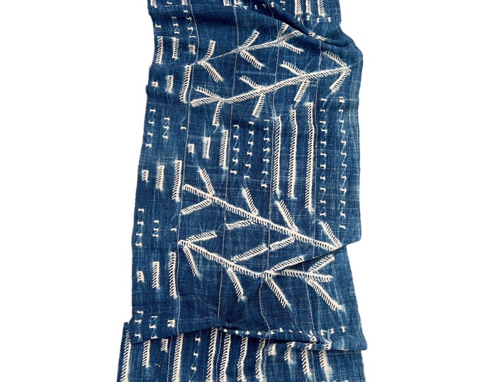 Vintage denim mud cloth tie dyed scarf, denim home decor table runner, African fabric