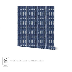 Mud cloth wallpaper blue and white, boho eclectic ethnic style home decor image 2