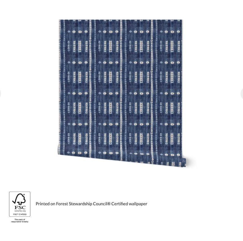 Mud cloth wallpaper blue and white, boho eclectic ethnic style home decor image 2