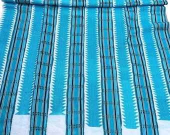 Boho fabric, turquoise blue and white geometric, Vintage African textile