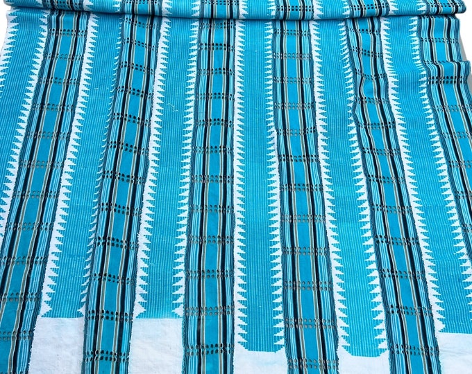 Boho fabric, turquoise blue and white geometric, Vintage African textile