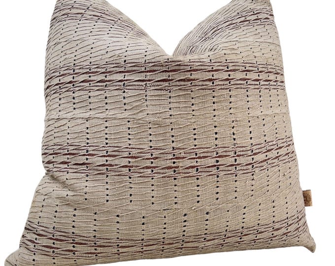 Vintage Aso Oke striped pillow cover, Brown and beige vintage striped square pillow cushion, African Aso Oke fabric