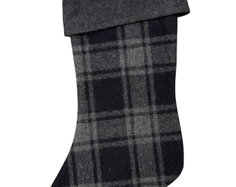 Farmhouse Christmas stocking, check plaid in black and gray, cabin or cottage vibe holiday decor