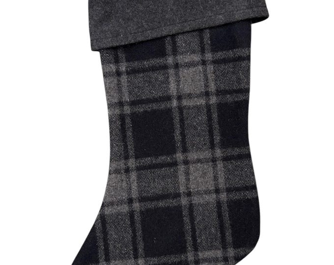 Farmhouse Christmas stocking, check plaid in black and gray, cabin or cottage vibe holiday decor