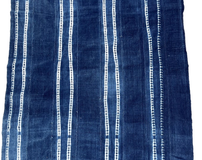 Boho home decor Mud cloth throw, Tie dyed blue white stripes, dark indigo vintage African textile