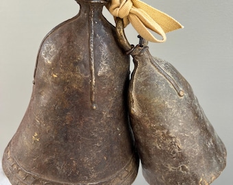 Large Set of Two vintage Bronze Cow Bells – Handmade Farmhouse Decor