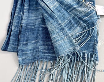 Vintage blue mud cloth Scarf with fringe for boho or a wabi sabi style gift