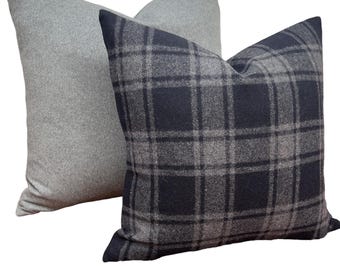 Wool check and solid set of pillow covers | black and gray, Farmhouse - Cottage style check pillow