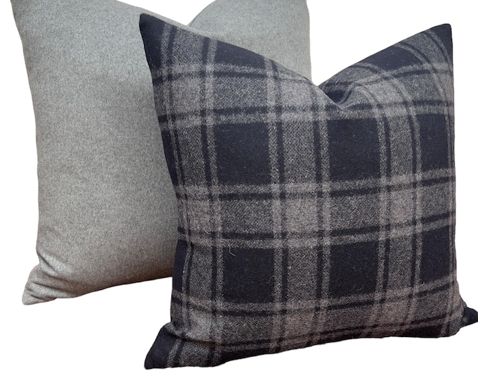 Wool check and solid set of pillow covers | black and gray, Farmhouse - Cottage style check pillow