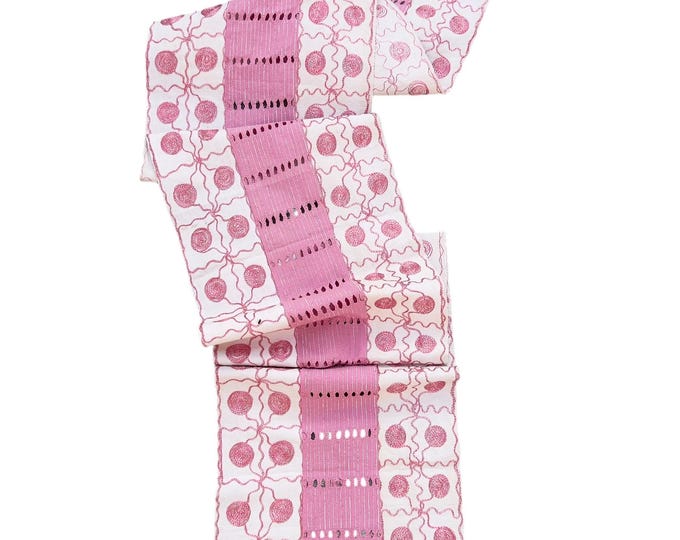 Pink embroidered African Textile, vintage cotton Yoruba Aso Oke fabric with hot pink metallic polka dots