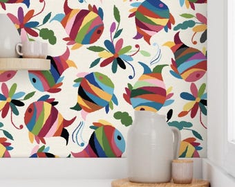Rainbow fish wallpaper, Otomi wall art, Mexican Otomi style, Fiesta accent wall, removable wall art, Party wall peel and stick backdrop