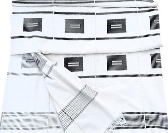 African fabric- geometric design- off white bedspread- modern hausa blanket- black and ivory, 88 inches x 84 inches. Upholstery fabric