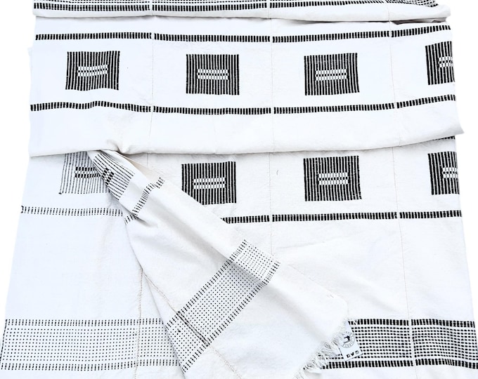 African fabric- geometric design- off white bedspread- modern hausa blanket- black and ivory, 88 inches x 84 inches. Upholstery fabric
