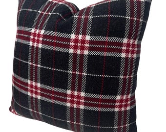 Plaid wool pillow cover black-gray-red, Farmhouse - Cottage style accent cushion