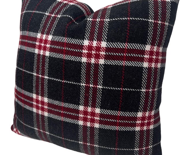 Plaid wool pillow cover black-gray-red, Farmhouse - Cottage style accent cushion