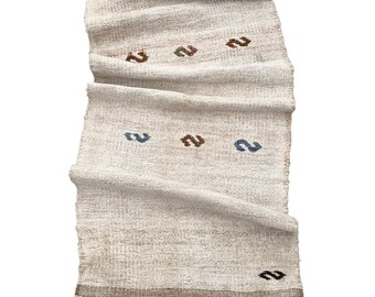 Turkish rug, small neutral beige rug with brown stripes, laundered hemp textile rug