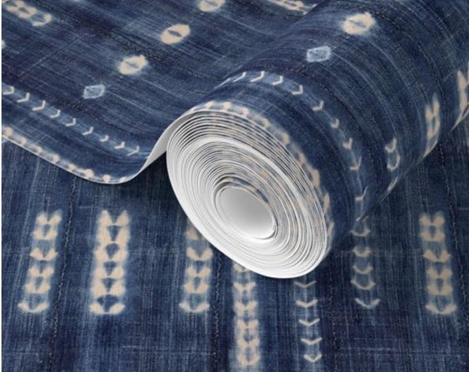 Blue jean Wallpaper - Beach Cottage Accent Wall Decor - Mud Cloth Tie Dye non-pasted wallpaper - Rustic Home wallpaper- mud cloth wallpaper