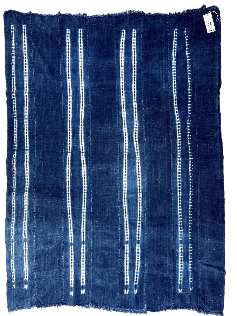 Décoration bohème, jeté en tissu boue, rayures bleues et blanches teints en cravate, textile africain vintage indigo foncé image 2