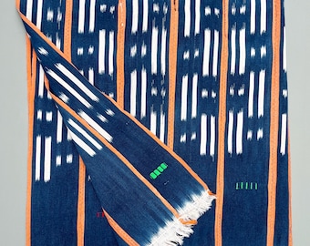 Vintage Orange & Blue Mud Cloth Throw, African Baule Fabric